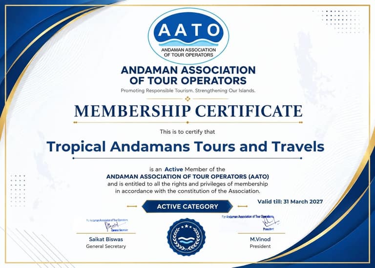 AATO membership certificate: Tropical Andamans Tours and Travels, Active member of the Andaman Association of Tour Operators, valid till 31 March 2027